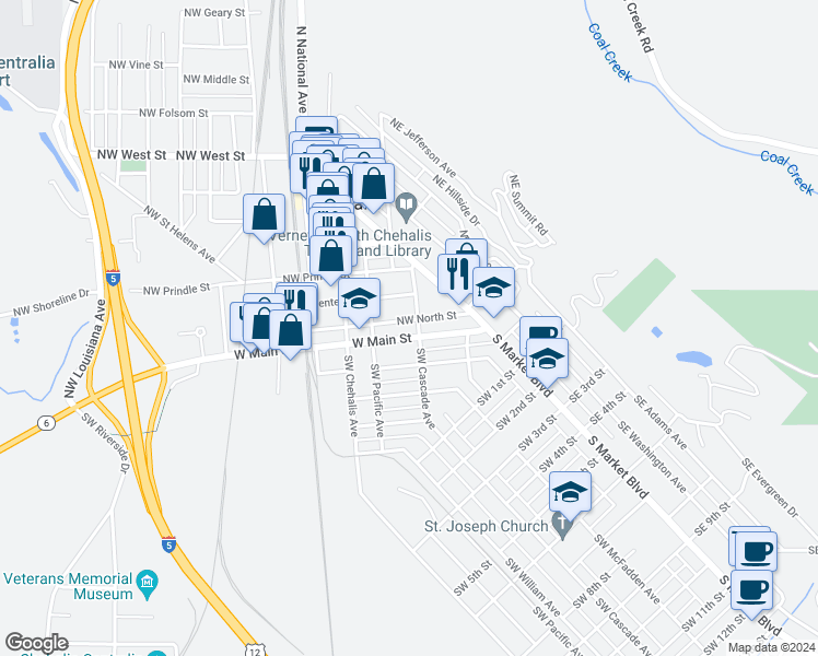 map of restaurants, bars, coffee shops, grocery stores, and more near 186 West Main Street in Chehalis