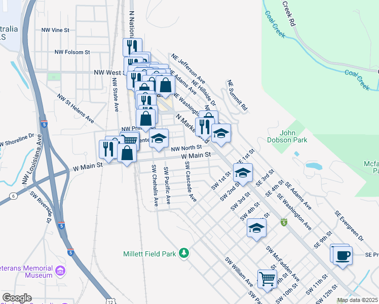 map of restaurants, bars, coffee shops, grocery stores, and more near 186 West Main Street in Chehalis