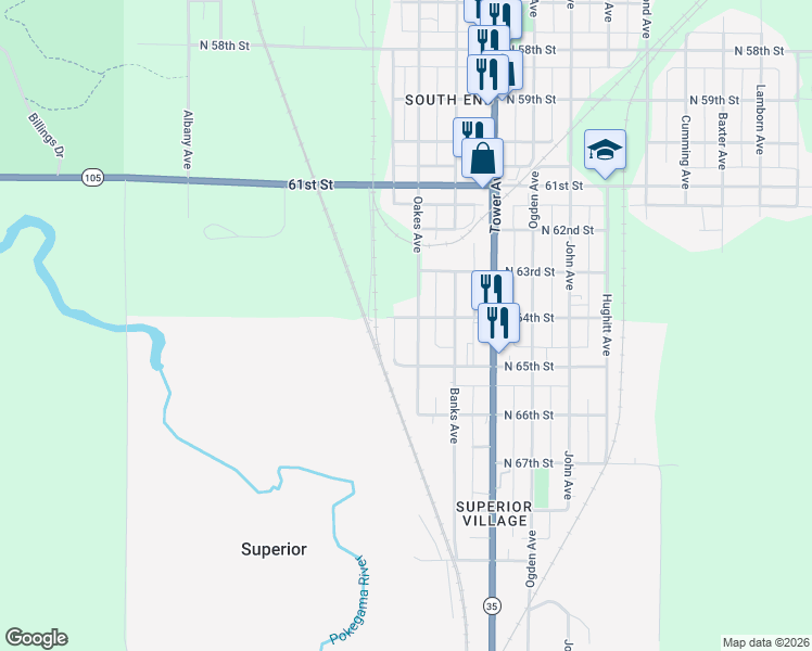 map of restaurants, bars, coffee shops, grocery stores, and more near 6405 Oakes Avenue in Superior