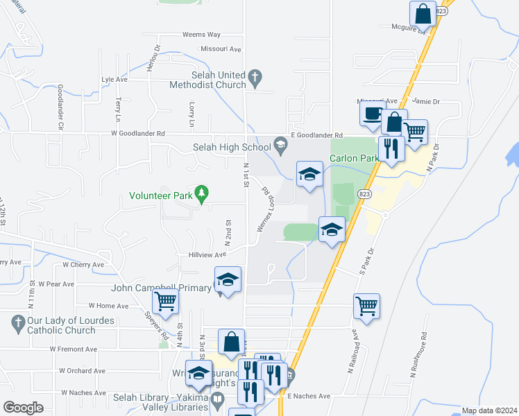 map of restaurants, bars, coffee shops, grocery stores, and more near 611 N 1st St in Selah
