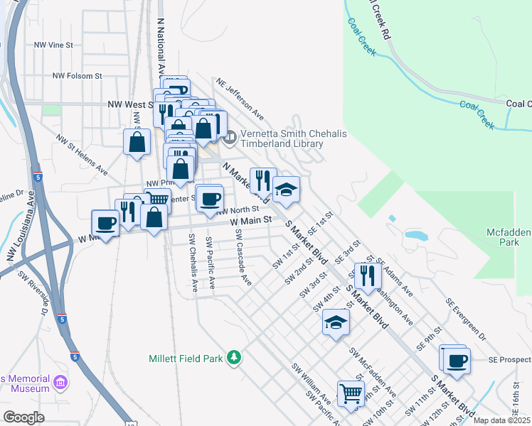 map of restaurants, bars, coffee shops, grocery stores, and more near 104 West Main Street in Chehalis