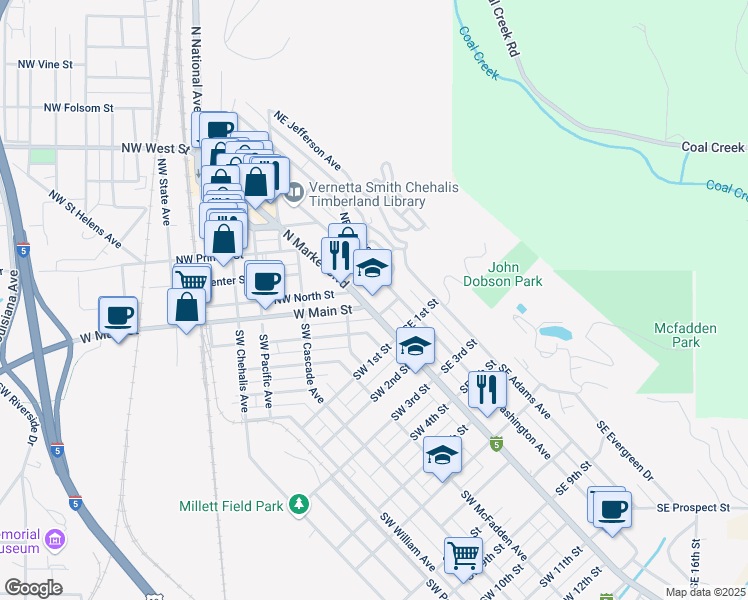 map of restaurants, bars, coffee shops, grocery stores, and more near 36 North Market Boulevard in Chehalis