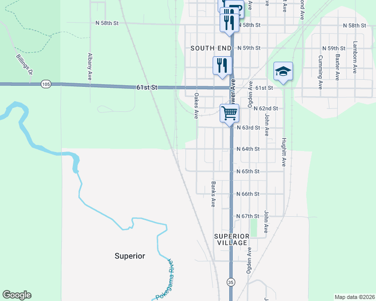 map of restaurants, bars, coffee shops, grocery stores, and more near 6405 Oakes Avenue in Superior