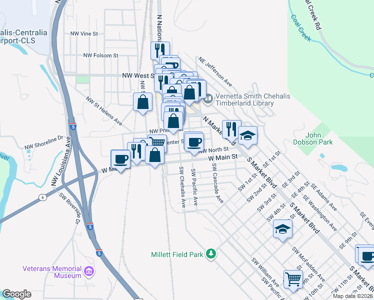 map of restaurants, bars, coffee shops, grocery stores, and more near 360 Northwest North Street in Chehalis
