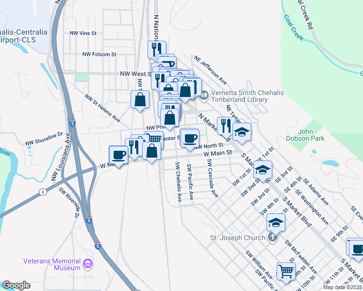 map of restaurants, bars, coffee shops, grocery stores, and more near 360 Northwest North Street in Chehalis