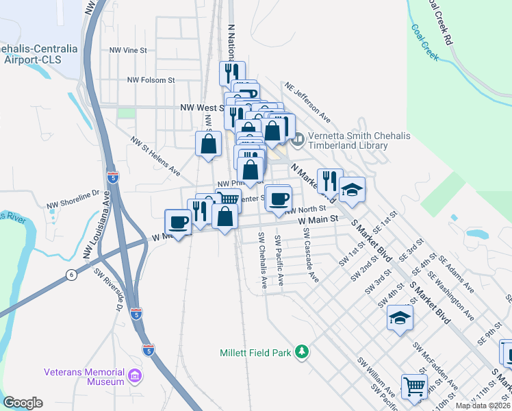 map of restaurants, bars, coffee shops, grocery stores, and more near 157 Northwest Chehalis Avenue in Chehalis