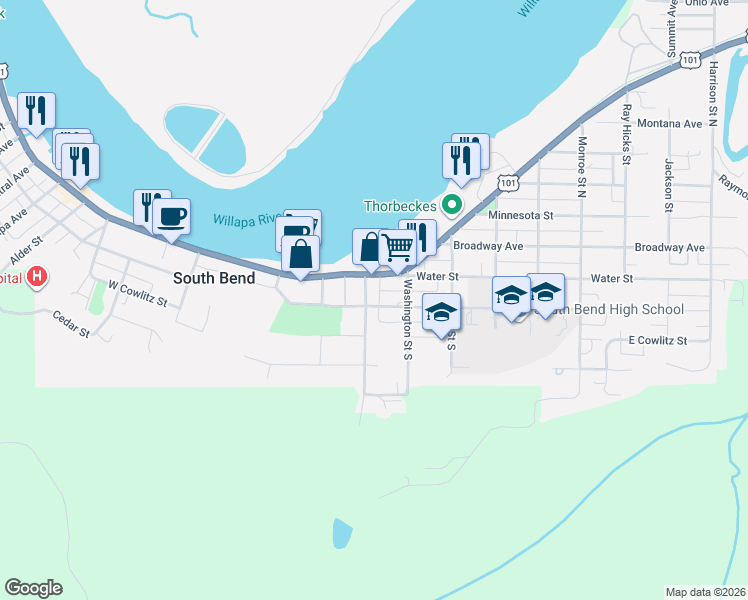 map of restaurants, bars, coffee shops, grocery stores, and more near 106 1st Street in Raymond