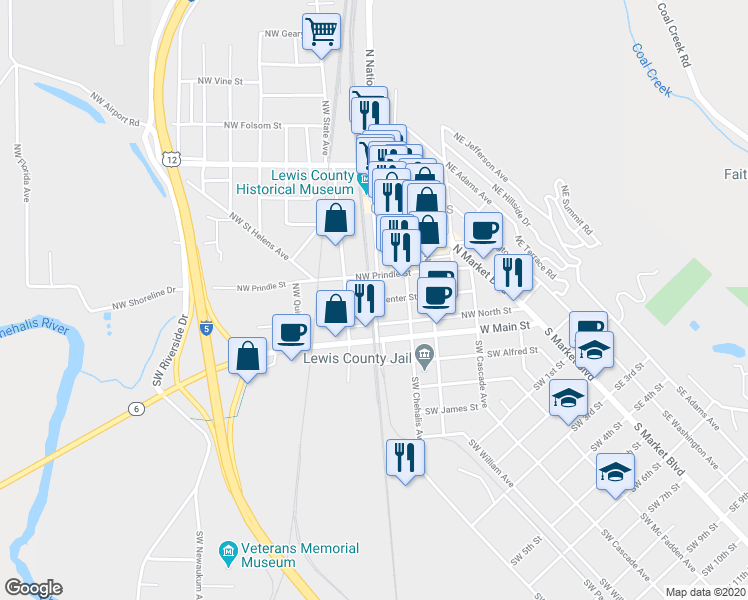 map of restaurants, bars, coffee shops, grocery stores, and more near 210 Northwest Railroad Avenue in Chehalis