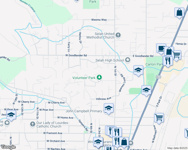map of restaurants, bars, coffee shops, grocery stores, and more near 410 Dixie Drive in Selah