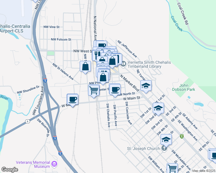 map of restaurants, bars, coffee shops, grocery stores, and more near 290 Northwest Prindle Street in Chehalis