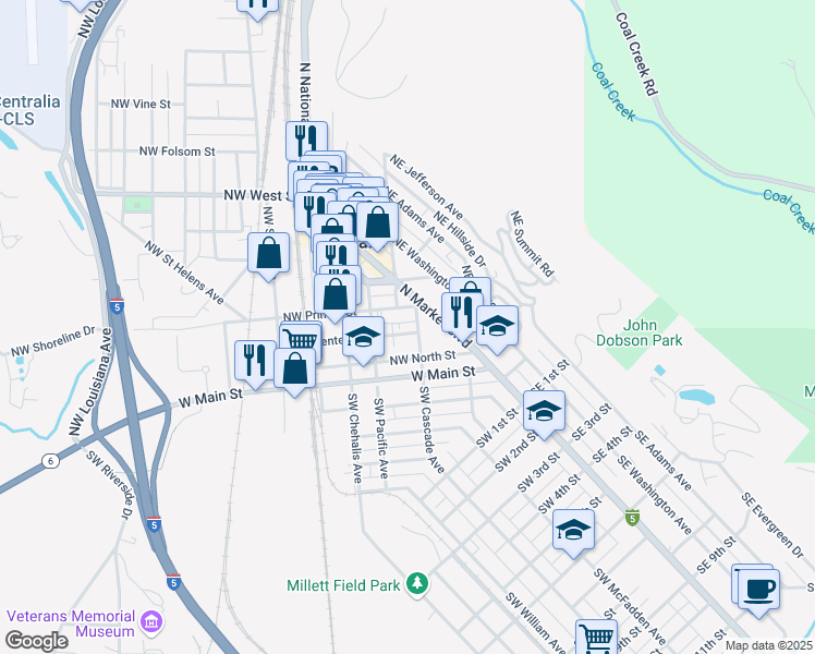 map of restaurants, bars, coffee shops, grocery stores, and more near in Chehalis