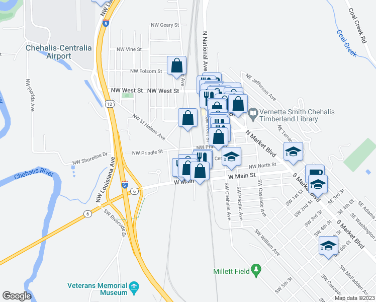 map of restaurants, bars, coffee shops, grocery stores, and more near 277 Northwest State Avenue in Chehalis