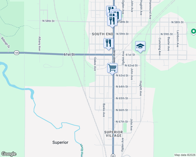map of restaurants, bars, coffee shops, grocery stores, and more near 6227 Oakes Avenue in Superior