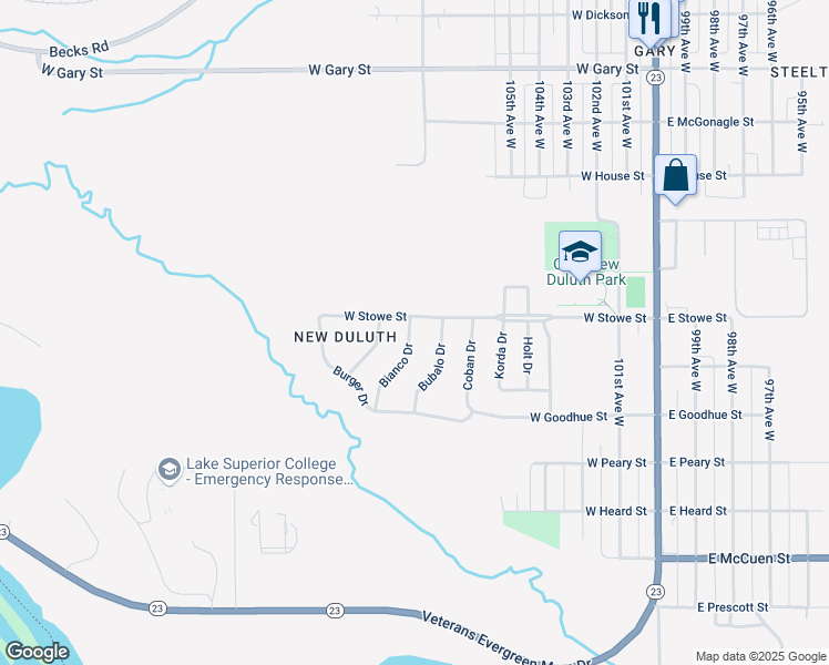 map of restaurants, bars, coffee shops, grocery stores, and more near 645-917 W Stowe St in Duluth