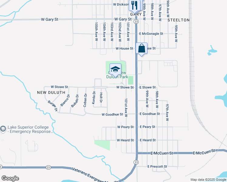 map of restaurants, bars, coffee shops, grocery stores, and more near 619 102nd Avenue West in Duluth