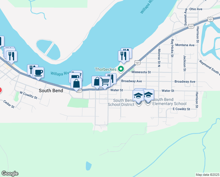 map of restaurants, bars, coffee shops, grocery stores, and more near 206 Water Street in South Bend