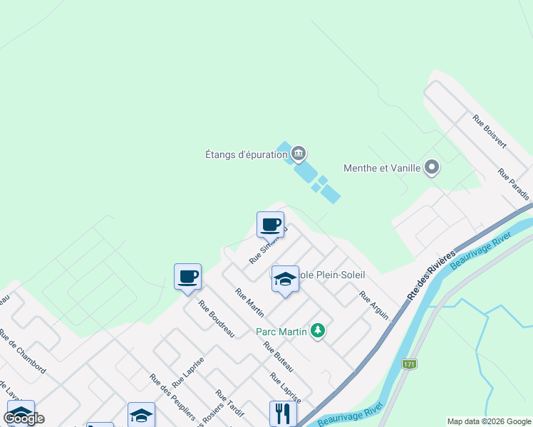 map of restaurants, bars, coffee shops, grocery stores, and more near 361 Rue René-Richard in Lévis