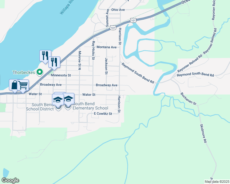 map of restaurants, bars, coffee shops, grocery stores, and more near 817 Water Street in Raymond