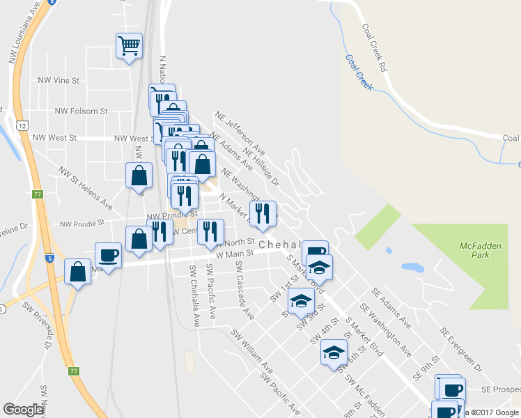 map of restaurants, bars, coffee shops, grocery stores, and more near 251 Northeast Washington Avenue in Chehalis