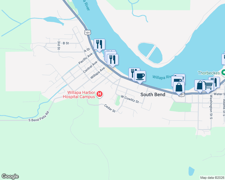 map of restaurants, bars, coffee shops, grocery stores, and more near 806 Willapa First Street in Raymond