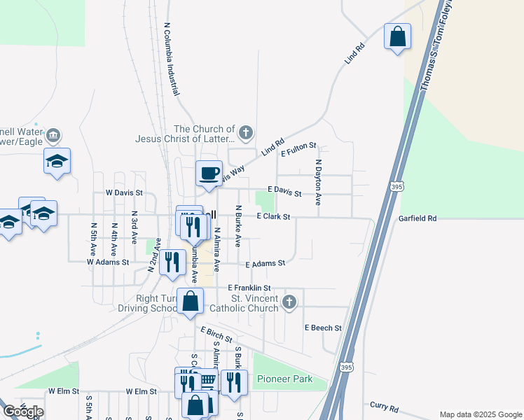map of restaurants, bars, coffee shops, grocery stores, and more near 300-310 E Clark St in Connell