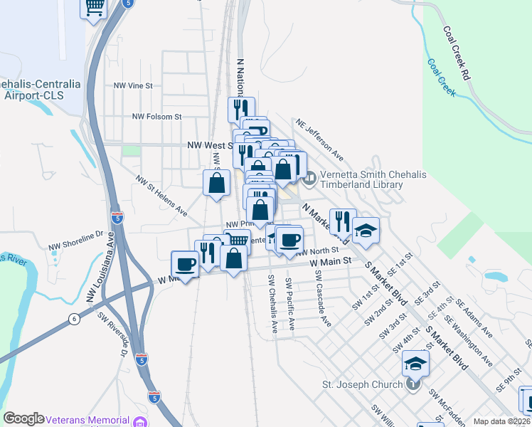 map of restaurants, bars, coffee shops, grocery stores, and more near 290 Northwest Prindle Street in Chehalis