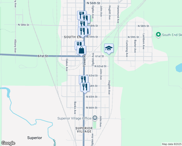 map of restaurants, bars, coffee shops, grocery stores, and more near 6223 Ogden Avenue in Superior