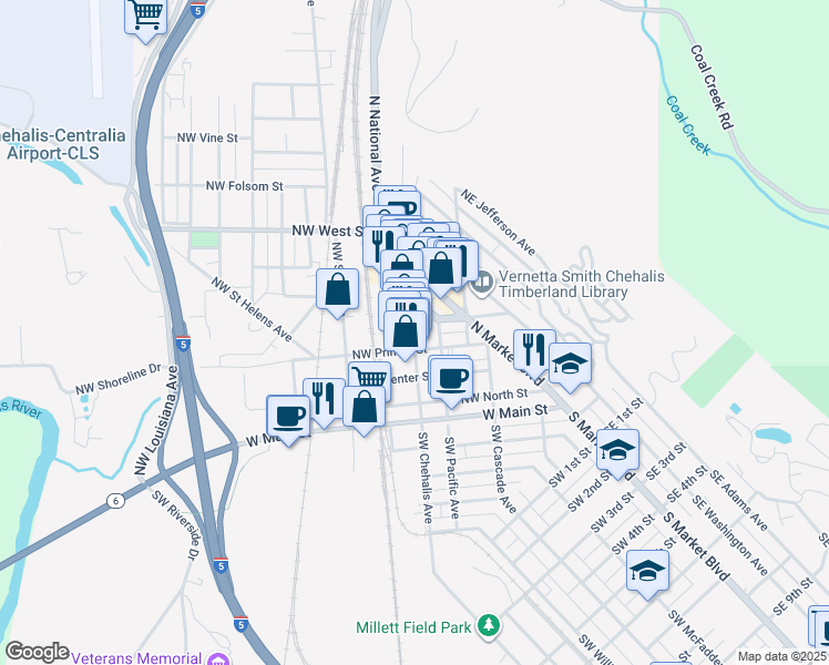 map of restaurants, bars, coffee shops, grocery stores, and more near 290 Northwest Prindle Street in Chehalis