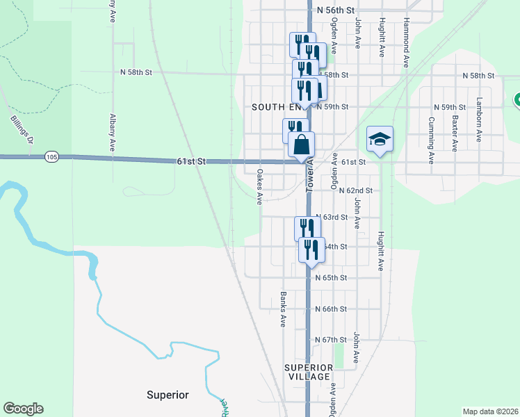 map of restaurants, bars, coffee shops, grocery stores, and more near 6227 Oakes Avenue in Superior