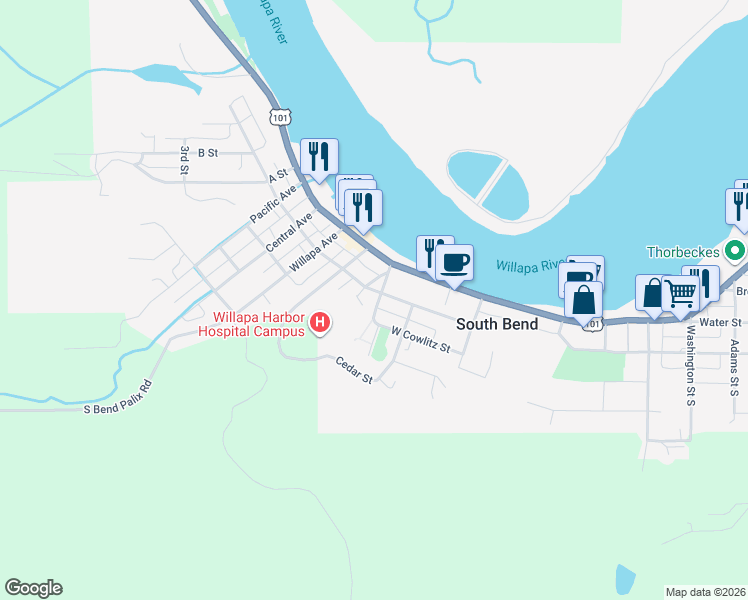 map of restaurants, bars, coffee shops, grocery stores, and more near 806 Willapa First Street in Raymond