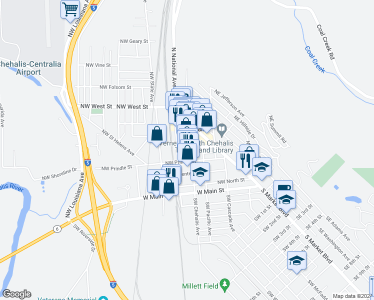 map of restaurants, bars, coffee shops, grocery stores, and more near 425 Northwest Park Street in Chehalis