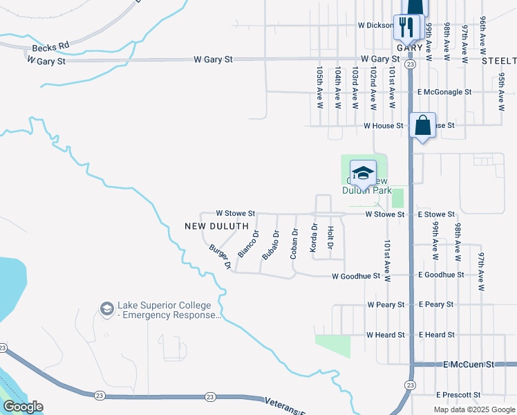 map of restaurants, bars, coffee shops, grocery stores, and more near 645-917 W Stowe St in Duluth
