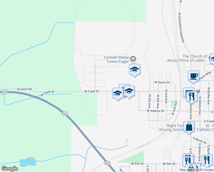 map of restaurants, bars, coffee shops, grocery stores, and more near 1081 W Clark Rd in Connell