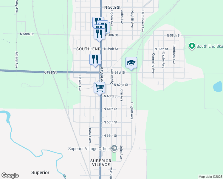 map of restaurants, bars, coffee shops, grocery stores, and more near 6223 Ogden Avenue in Superior