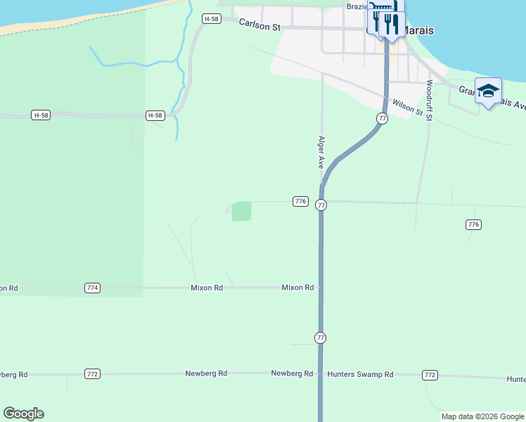map of restaurants, bars, coffee shops, grocery stores, and more near E21633 Ridge Road in Grand Marais