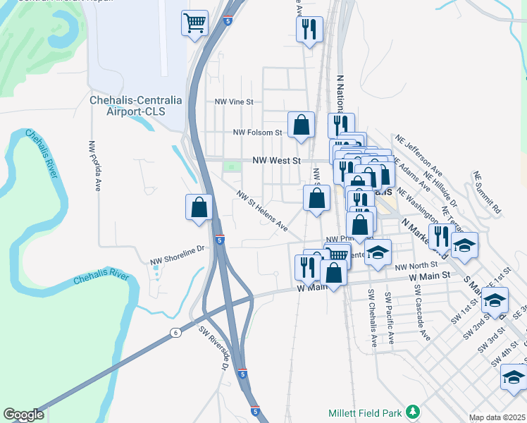 map of restaurants, bars, coffee shops, grocery stores, and more near Northwest Saint Helens Avenue in Chehalis