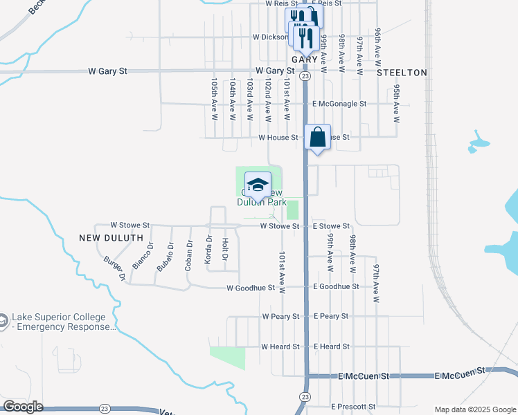 map of restaurants, bars, coffee shops, grocery stores, and more near 715 101st Avenue West in Duluth