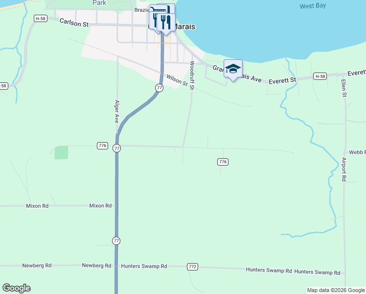 map of restaurants, bars, coffee shops, grocery stores, and more near Ridge Road in Seney