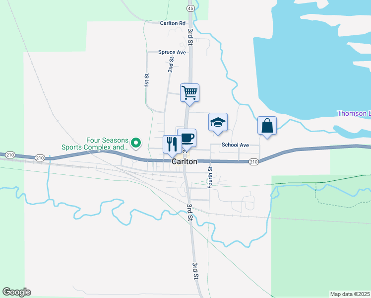 map of restaurants, bars, coffee shops, grocery stores, and more near 301 Walnut Avenue in Carlton