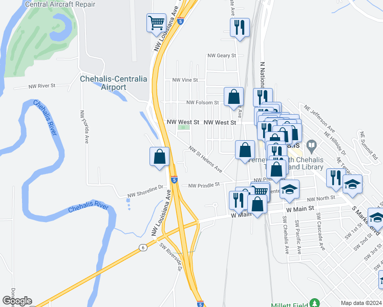 map of restaurants, bars, coffee shops, grocery stores, and more near 819 Northwest Duffy Street in Chehalis