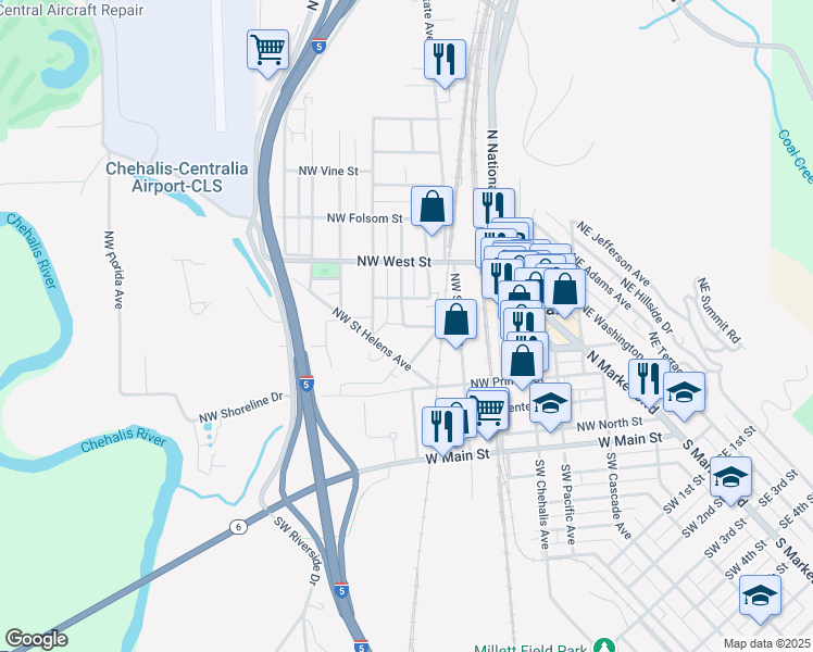 map of restaurants, bars, coffee shops, grocery stores, and more near 639 Northwest Hawthorne Place in Chehalis