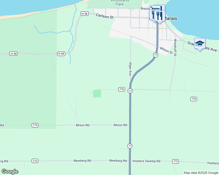 map of restaurants, bars, coffee shops, grocery stores, and more near E21633 Ridge Road in Grand Marais