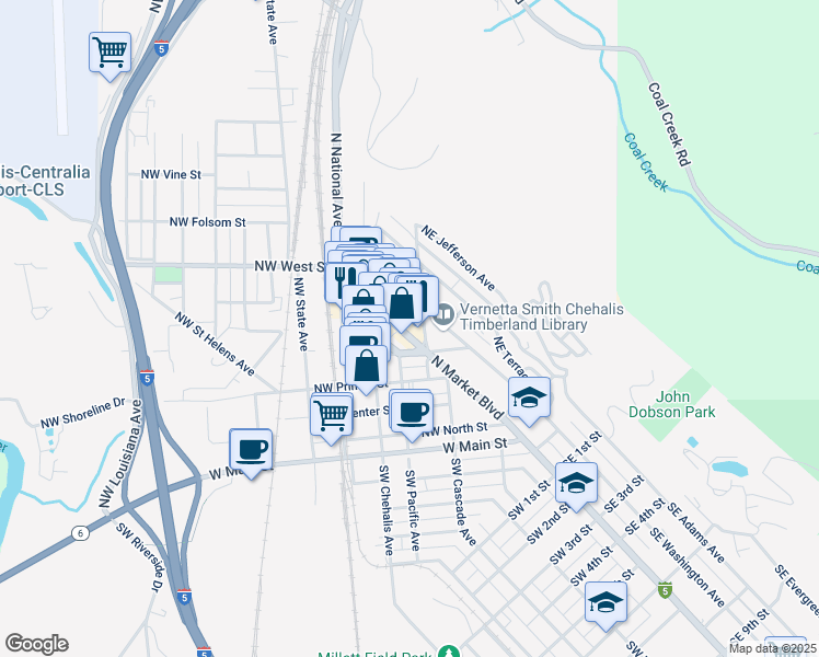 map of restaurants, bars, coffee shops, grocery stores, and more near 448 North Market Boulevard in Chehalis