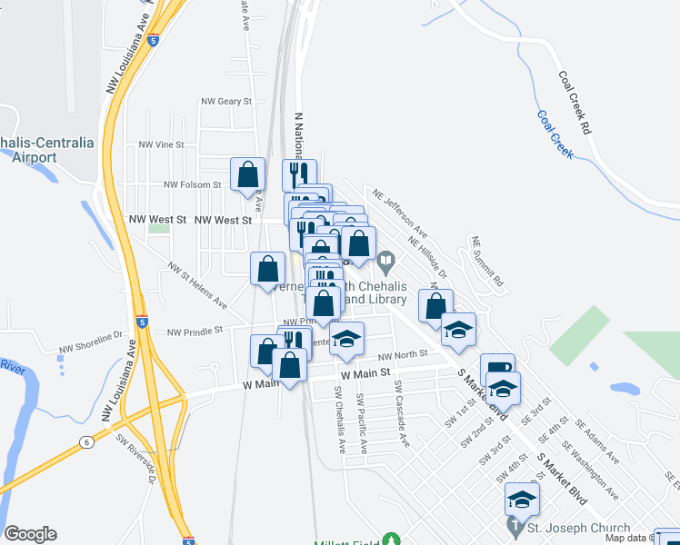 map of restaurants, bars, coffee shops, grocery stores, and more near 455 North Market Boulevard in Chehalis