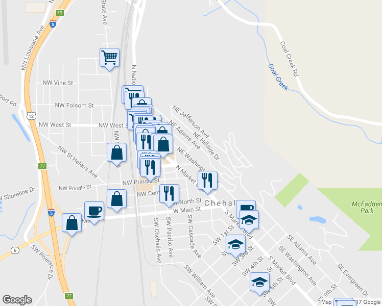 map of restaurants, bars, coffee shops, grocery stores, and more near 438 Northeast Washington Avenue in Chehalis