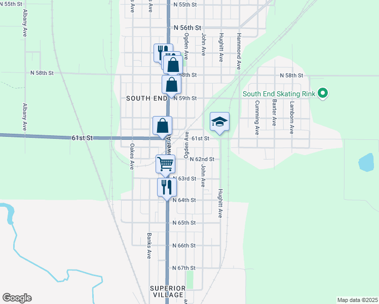 map of restaurants, bars, coffee shops, grocery stores, and more near 6120 Ogden Avenue in Superior