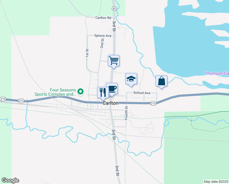 map of restaurants, bars, coffee shops, grocery stores, and more near 301 Walnut Avenue in Carlton