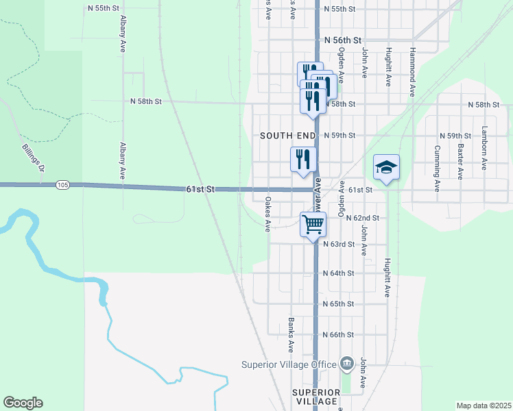 map of restaurants, bars, coffee shops, grocery stores, and more near 6117 Oakes Avenue in Superior