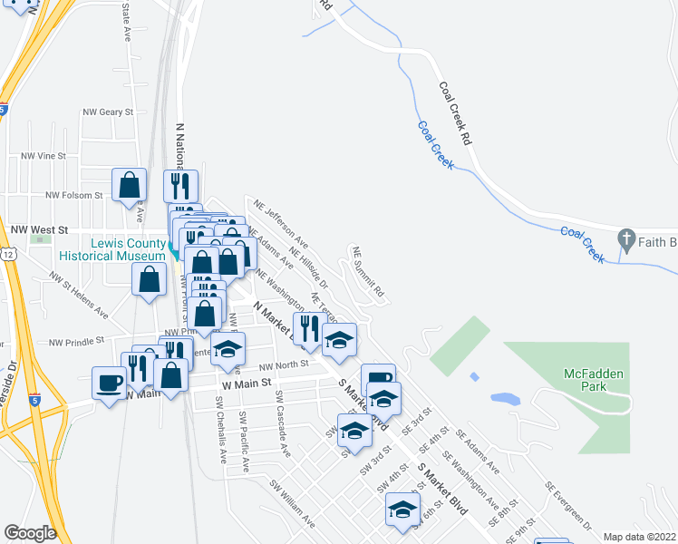 map of restaurants, bars, coffee shops, grocery stores, and more near 177 Northeast Fair Oaks Terrace in Chehalis