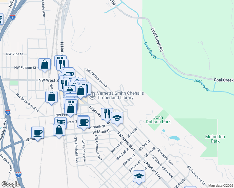 map of restaurants, bars, coffee shops, grocery stores, and more near 177 Northeast Fair Oaks Terrace in Chehalis